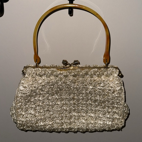 Vintage Large Woven Raffia Top Handle Ivory Cream Granny Core Handbag - Picture 8 of 14